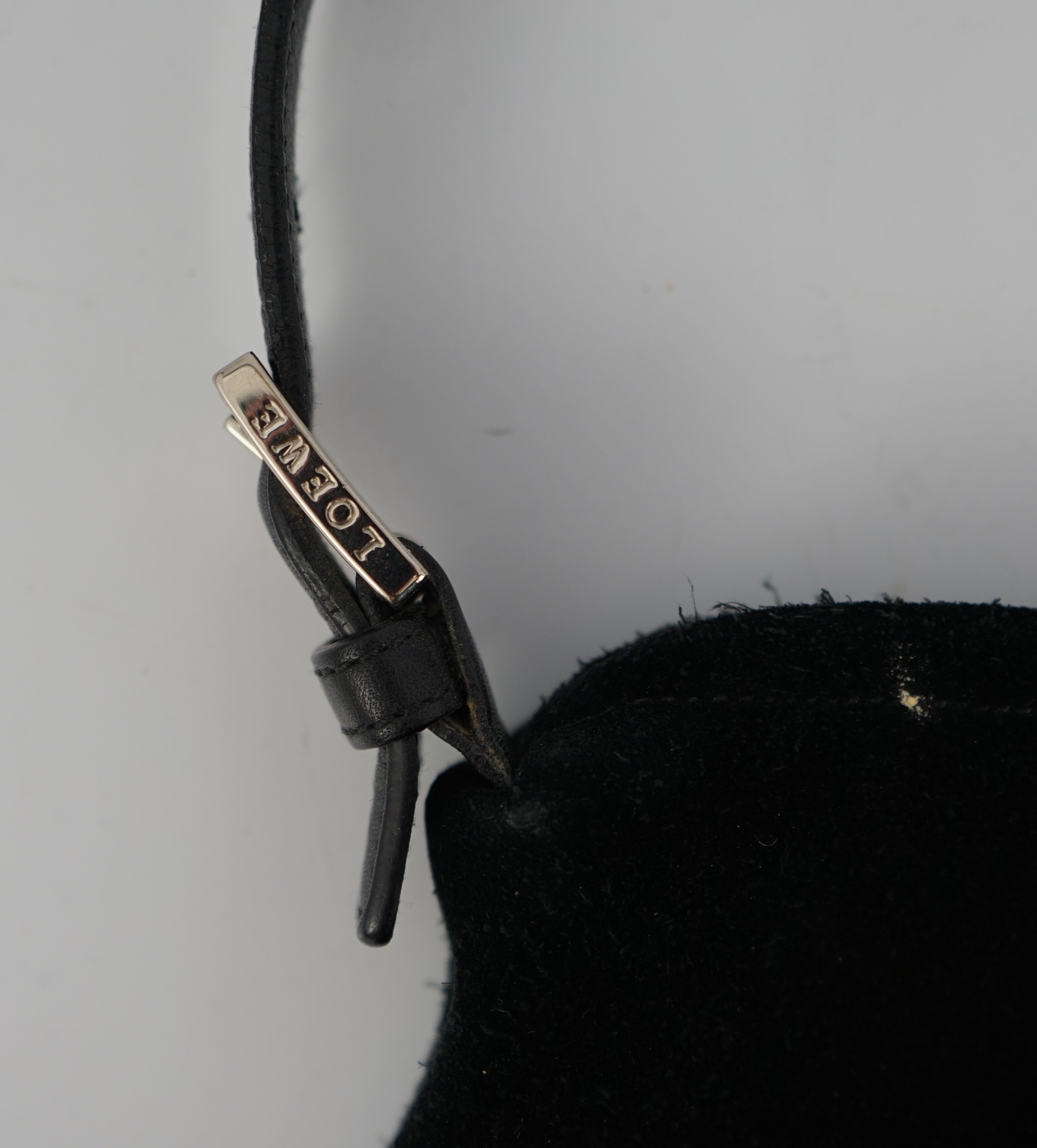 A Loewe black suede and leather shoulder bag and purse, bag width 34cm, depth 3cm, height 28cm, purse width 16.5cm, height 12cm